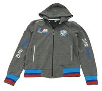 Šedo-modro-červená propínací mikina s výšivkami a kapucí