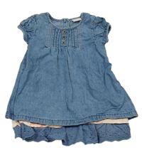 Modré riflové lehké šaty s volánkem s madeirou 