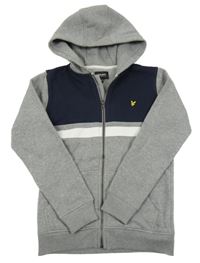 Šedo-tmavomodro-bílá propínací mikina s kapucí 