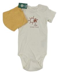 2set - Bílé body s palmou a sluncem + žluto-vínový pruhovaný šátek 