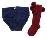 2set - Tmavomodré kalhotky s mašlí + vínové vzorované podkolenky s bambulemi 