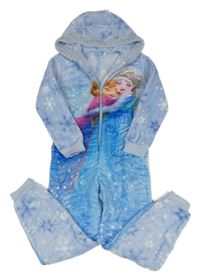 Světlemodrá plyšová kombinéza s Annou a Elsou a kapucí s kožešinou Frozen