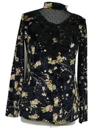 Dámské tmavomodré květované sametové triko s krajkovým výstřihem Rowen Avenue