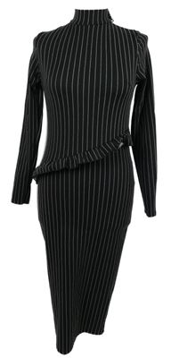 Dámské černo-bílé pruhované šaty s páskem s volánkem