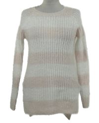 Dámský bílo-světlerůžový pruhovaný chlupatý dlouhý svetr F&F