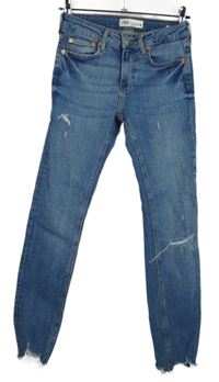 Dámské modré roztřepené skinny rifle s prošoupáním Zara 