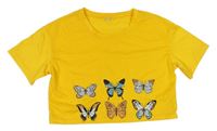 Žluté crop tričko s motýlky