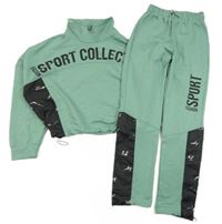 2set- zeleno-černá crop mikina s nápisem+ tepláky vel.170