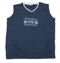 Tmavomodrá pletená vesta s nápisem