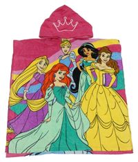Růžovo-barevná froté osuškové pončo s princeznami a kapucí Disney
