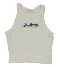 Bílý žebrovaný crop top s modrým nápisem H&M