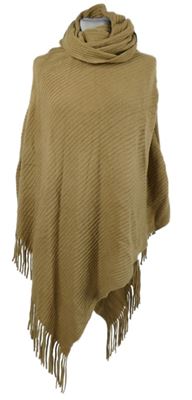 Dámské béžové svetrové pončo s třásněmi a komínovým límcem Lindex