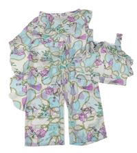 2set - Bílo-světlemodro-fialové květované volné kalhoty + crop top bpc