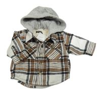 Nové - Bílo-hnědo-černá kostkovaná zateplená košilová bunda s kapucí zn. Next