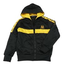 Černo-žlutá sportovní propínací mikina s výšivkou a kapucí 