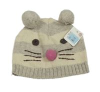 Nové - Šedo-béžová pruhovaná vlněná čepice s bambulemi - kočka