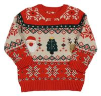 Červeno-smetanový vzorovaný vánoční svetr se Santou a stromečkem a sobem George