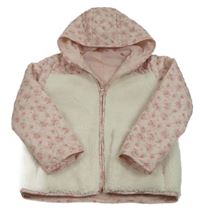 Světlerůžovo-bílá šusťákovo/huňatá podzimní bunda s kytičkami a kapucí George