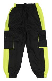 Černo-neonově žluté šusťákové podšité cargo kalhoty