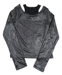 Černo-stříbrné třpytivé žebrované crop triko s všitým topem George