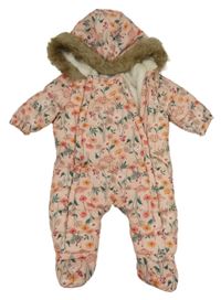 Růžová květovaná šusťáková zimní kombinéza s kapucí s kožešinou F&F