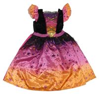 Kostým - Černo-růžovo-oranžové saténovo/sametové šaty s hvězdami F&F