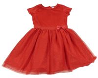 Červené plyšovo/tylové šaty s mašlí a třpytkami dopodopo