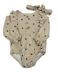 2set - Béžové sametové body se srdíčky + čelenka 