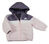 Nové - Světlerůžovo-fialovo-bílá šusťáková prošívaná zimní bunda s logem a kapucí Adidas