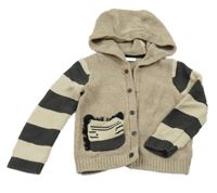 Béžovo-pruhovaný propínací svetr se zebrou a kapucí Next