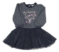 Tmavomodro-stříbrné šaty s tylovou sukní a srdíčky Topomini