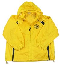 Žluto-tmavomodrá šusťáková sportovní jarní bunda s medvídky a nápisy a ukrývací kapucí alive