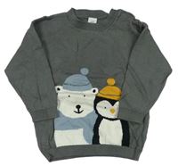 Tmavošedý svetr s medvídkem a tučňáčkem H&M