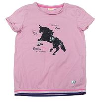 Růžové tričko s jednorožcem z překlápěcích flitrů a nápisy Kids