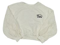 Bílá oversize crop mikina s nápisy a madeirou a květy RIVER ISLAND