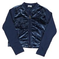 Tmavomodrá lesklá sametovo/tepláková propínací podšitá crop mikina 