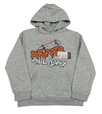 Nové - šedá melírovaná mikina se skateboardem a graffiti nápisy a kapsou a kapucí PRIMARK