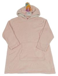 Světlerůžová plyšová oversize dlouhá mikina s kapsou a kapucí s jednorožcem Dreamer