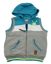 Šedo-bílo-modrozelená melírovaná propínací tepláková vesta s příšerkou a kapucí cooclub