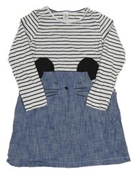 Modro-bílo-černé riflovo/bavlněné šaty s myškou a pruhy little kids