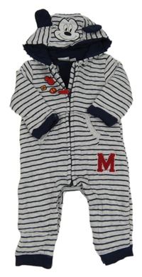 Světlešedo-tmavomodrá pruhovaná melírovaná tepláková vyteplená kombinéza s Mickey a kapucí ORCHESTRA