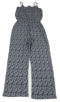 Tmavomodrošedý kytičkovaný mačkaný kalhotový overal PRIMARK
