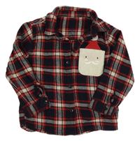 Tmavomodro-červeno-bílá kostkovaná vánoční košile se Santou/kapsou George