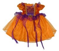 Kostým - Oranžovo-tmavofialové sametovo/tylovo/saténové šaty s flitry a dýněmi Tu