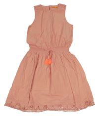 Broskvové plátěné šaty s kytičkami a krajkou STACCATO