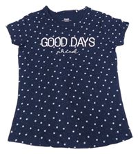 Tmavomodré kytičkované puntíkaté tričko s nápisy YIGGA
