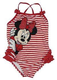 Červeno-bílé pruhované jednodílné plavky s Minnie a puntíky Disney