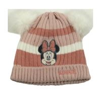 Starorůžová pruhovaná žebrovaná pletená čepice s Minnie a bambulemi C&A