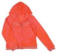 Neonově korálová sametová propínací mikina s nápisem a kapucí Billieblush