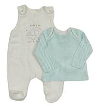 2set - Bílé sametové dupačky se slonem + bílo-tyrkysové pruhované triko C&A